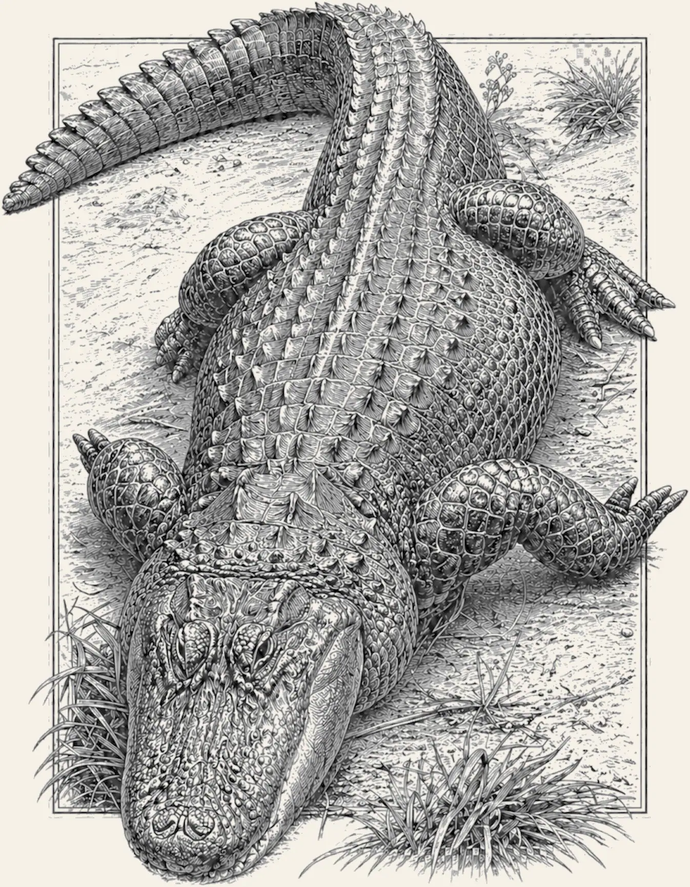 American Alligator. A juvenile alligator cradled in two cupped hands at the water's edge, small and unalarming, the animal that carried a female's hormones.