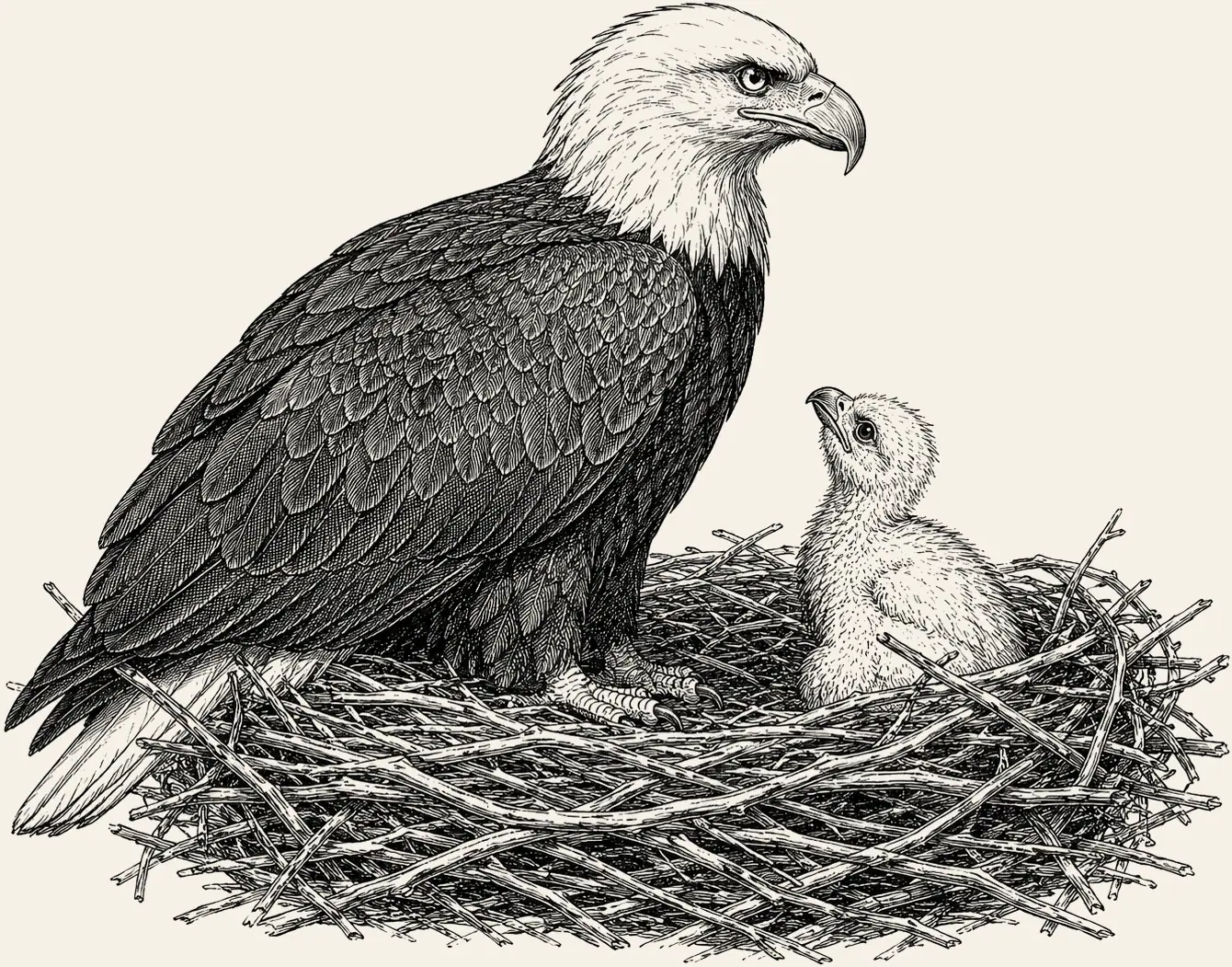 Bald Eagle Nest. A bald eagle at its nest with a downy chick, a lovable face for the flip-through, the bird whose Great Lakes hatchlings first told Colborn something was wrong.
