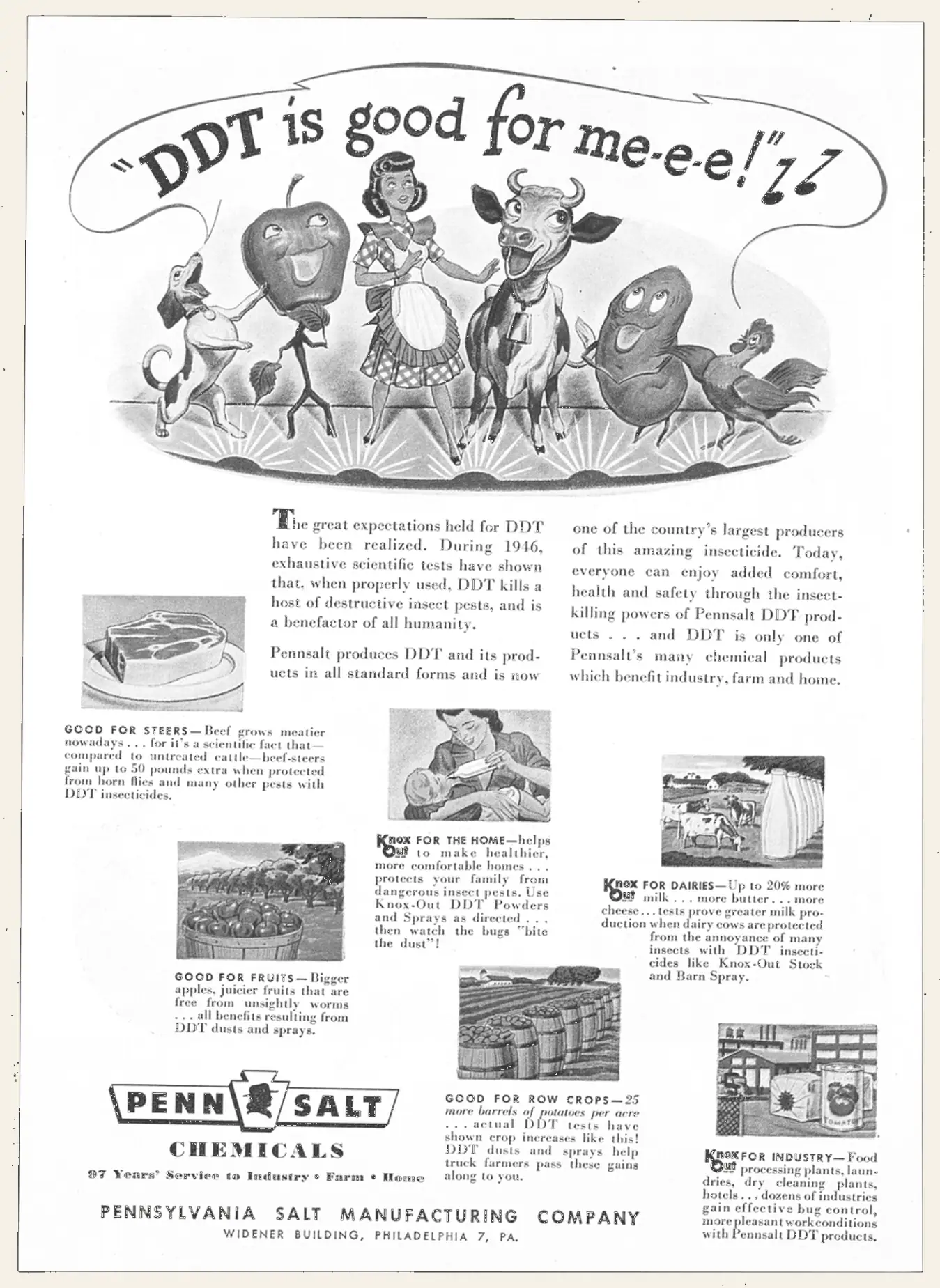 DDT Is Good for Me. The Penn Salt advertisement reproduced as printed: the cartoon cow, the cartoon apple and the rest of the chorus singing DDT is good for me-e-e, with the block of promotional text beneath.