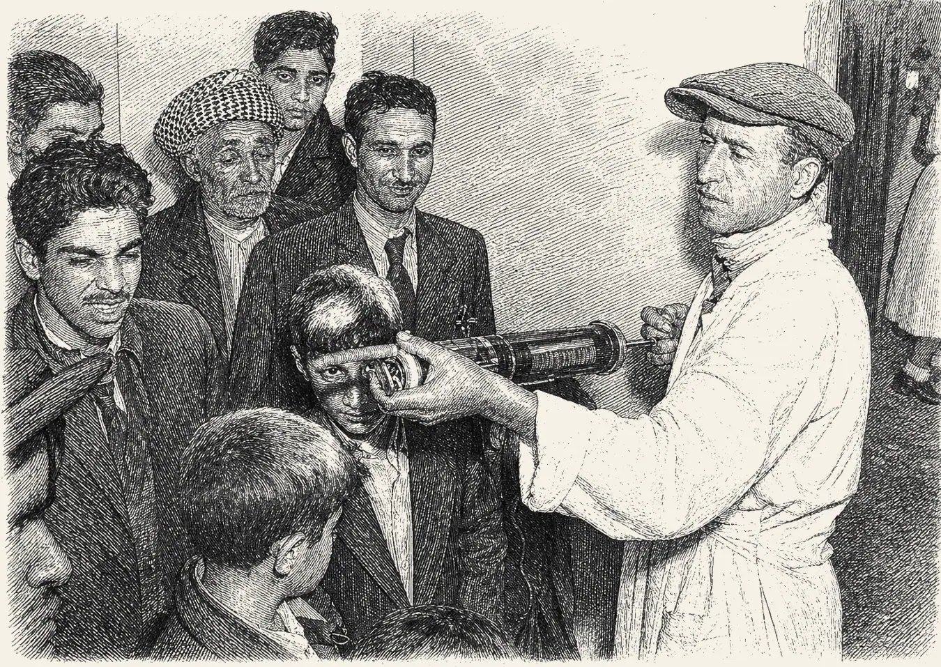 DDT Spraying Immigrants. A line of men and boys, each one dusted with DDT powder from a hand sprayer.
