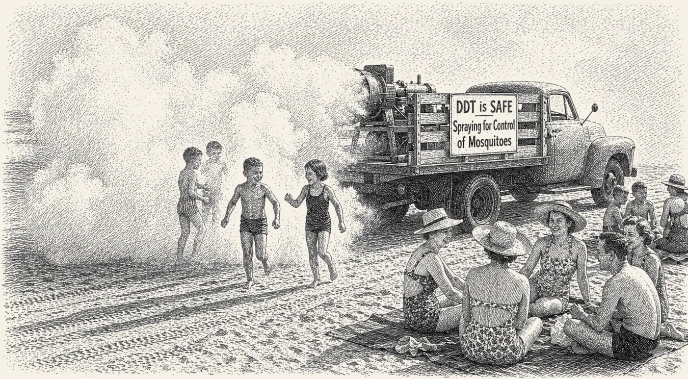 DDT Spraying Operations. A municipal fog truck on a summer beach, laying down a thick white cloud, with children in swimsuits running behind it and bathers sitting on the sand to either side.