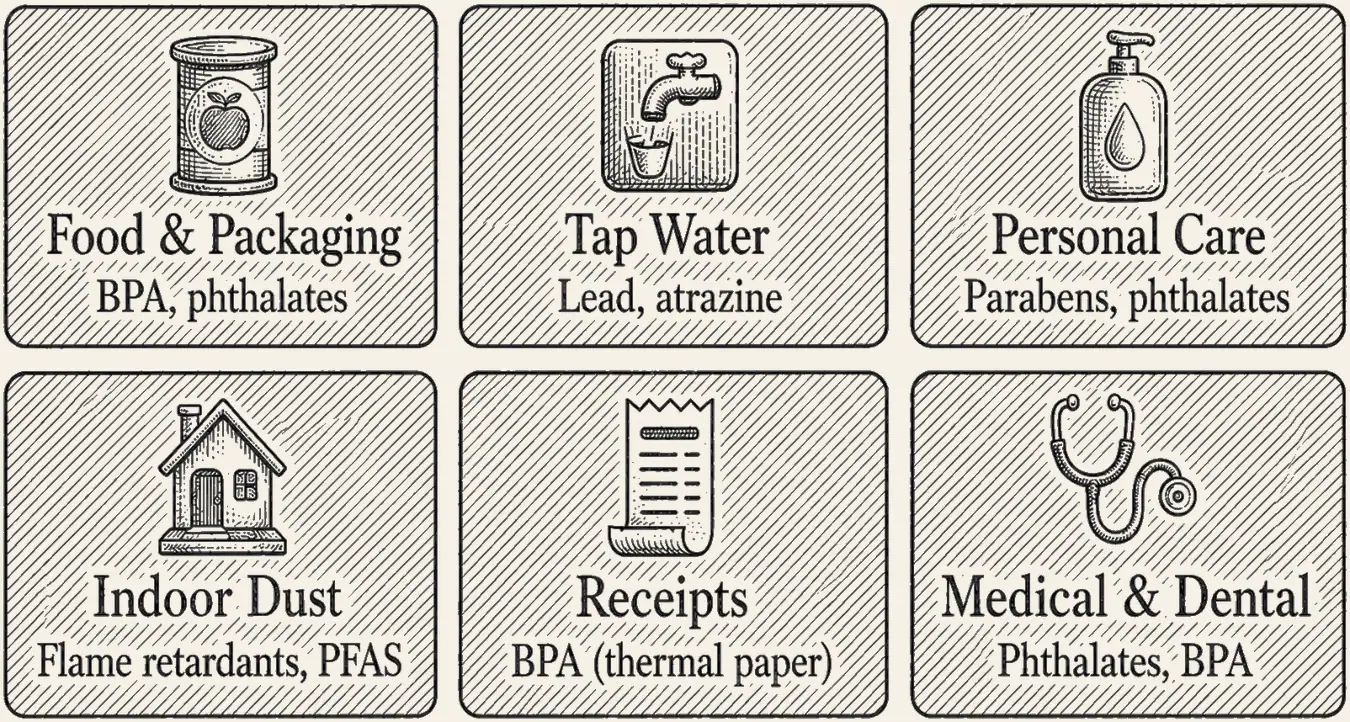 Where Endocrine Disruptors Come From. Six labeled routes into a body, each with its chemicals named: food and packaging, tap water, personal care, indoor dust, receipts, medical and dental.