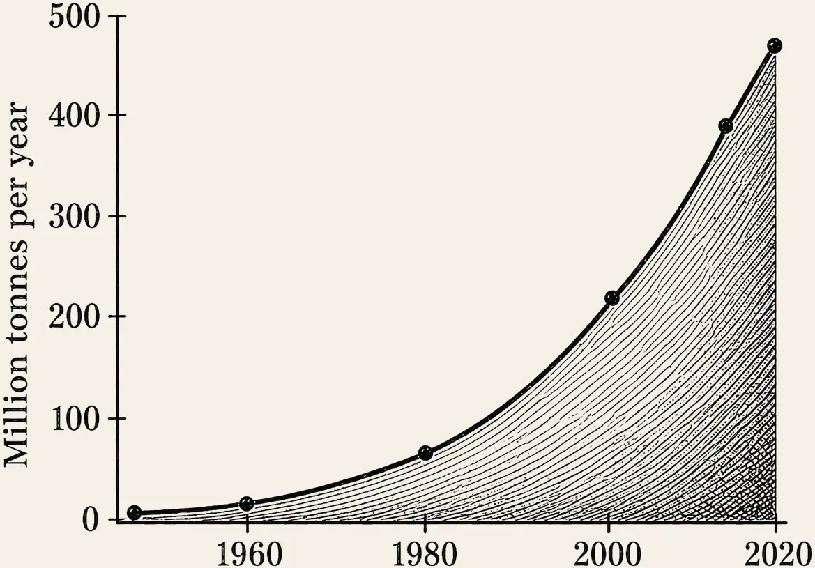 Global Plastic Production. Global plastic production, million metric tons per year, 1950 to 2020, a curve that is nearly flat to 1960 and near vertical after 2000.