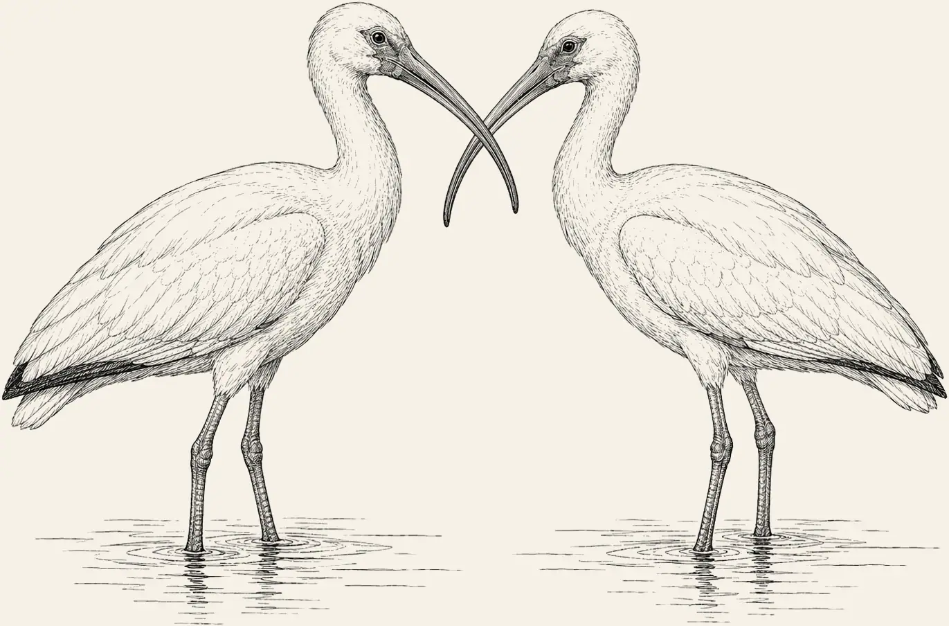 Ibis Courtship. Two white ibis in courtship, bills touching, in the elaborate greeting the species runs, a tender scene for the flip-through.