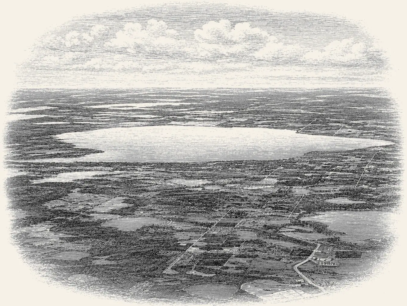 Lake Apopka. Lake Apopka from the air, the open water and the farmed shoreline around it.