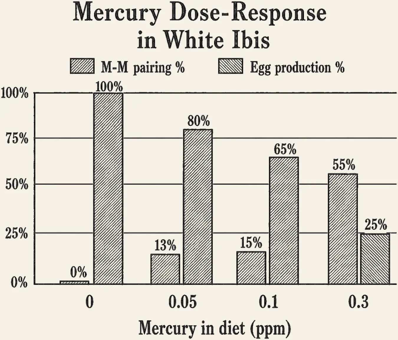 Mercury Dose and Response in the White Ibis. Dose-response bars, dietary methylmercury (0, 0.05, 0.1, 0.3 ppm) on the X-axis against the share of males pairing with males on the Y-axis, climbing from near zero to 55 percent as the dose rises.