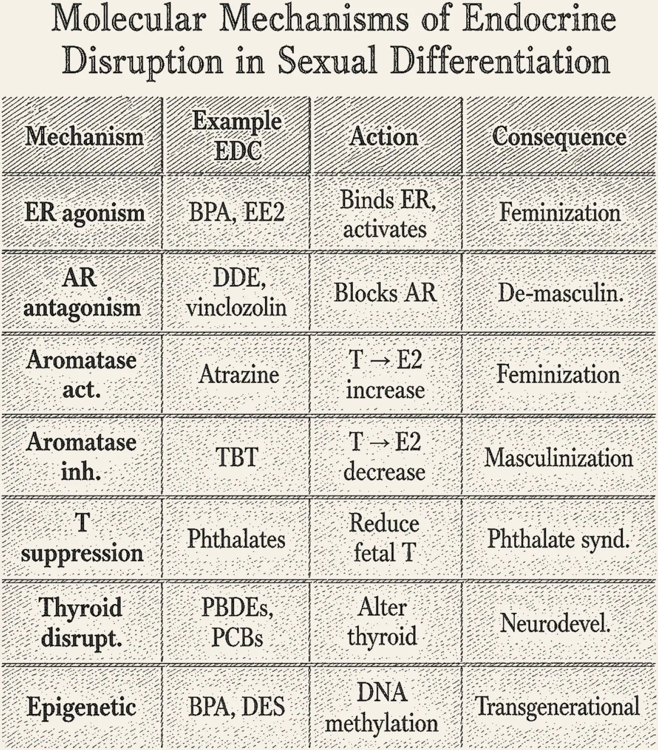 Molecular Mechanisms. Mechanisms of endocrine disruption as a table: mechanism, an example chemical, the action, and the consequence.