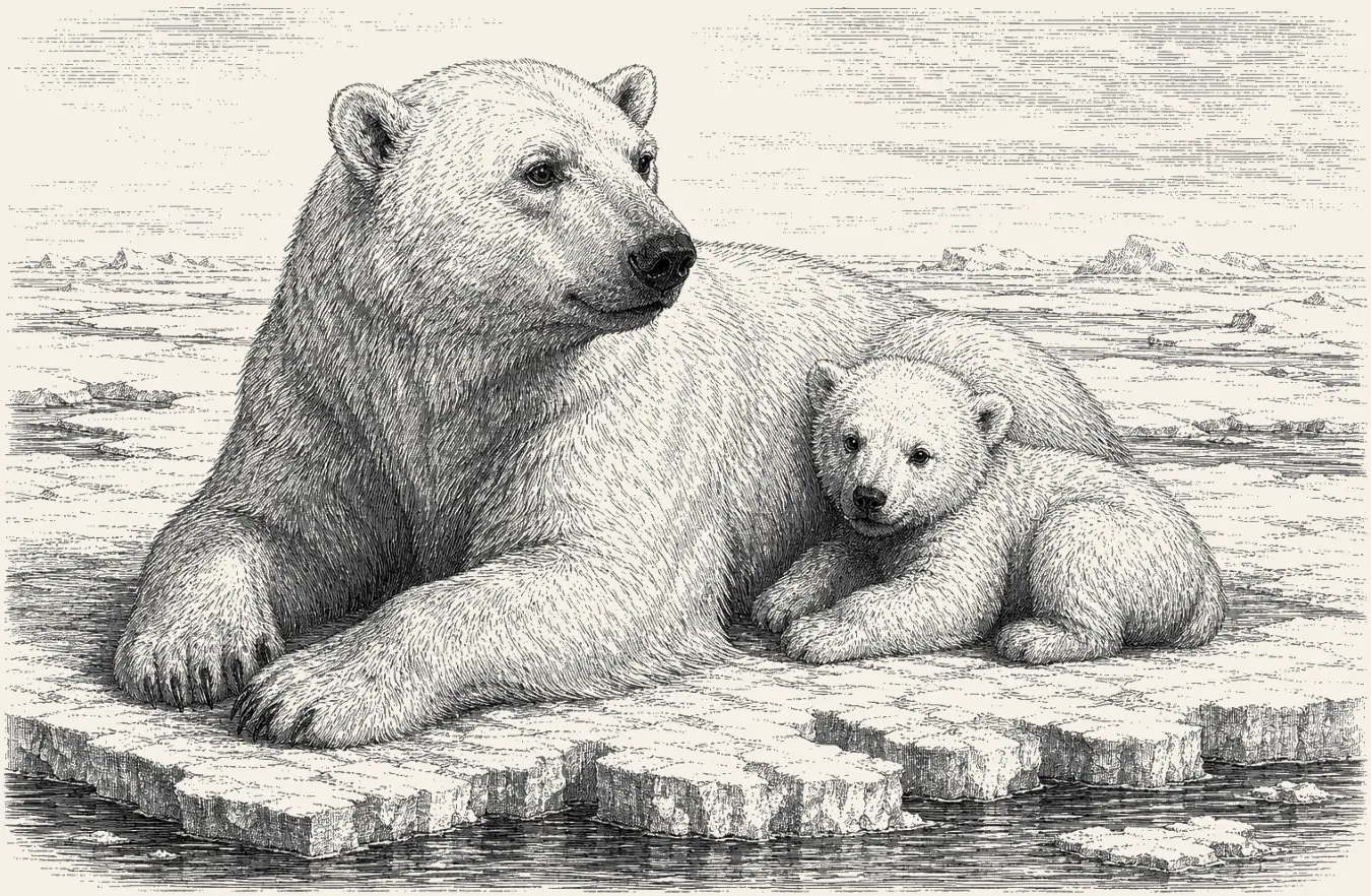 Polar Bear Arctic. A polar bear mother and cub on the sea ice, the most lovable face in the book, and one of the most contaminated animals on Earth.