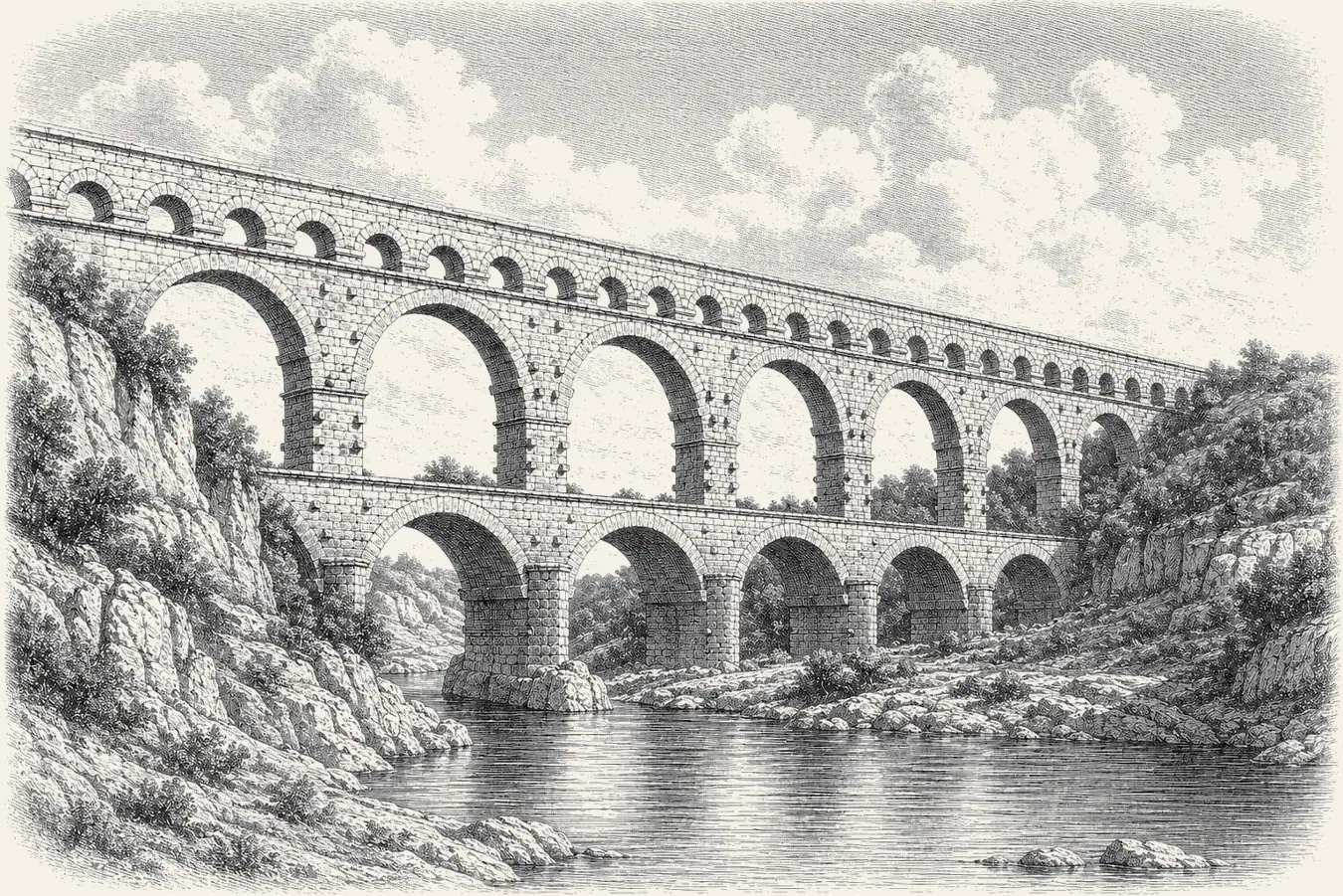 The Pont du Gard Aqueduct. A Roman aqueduct in three tiers of arches, carrying water.