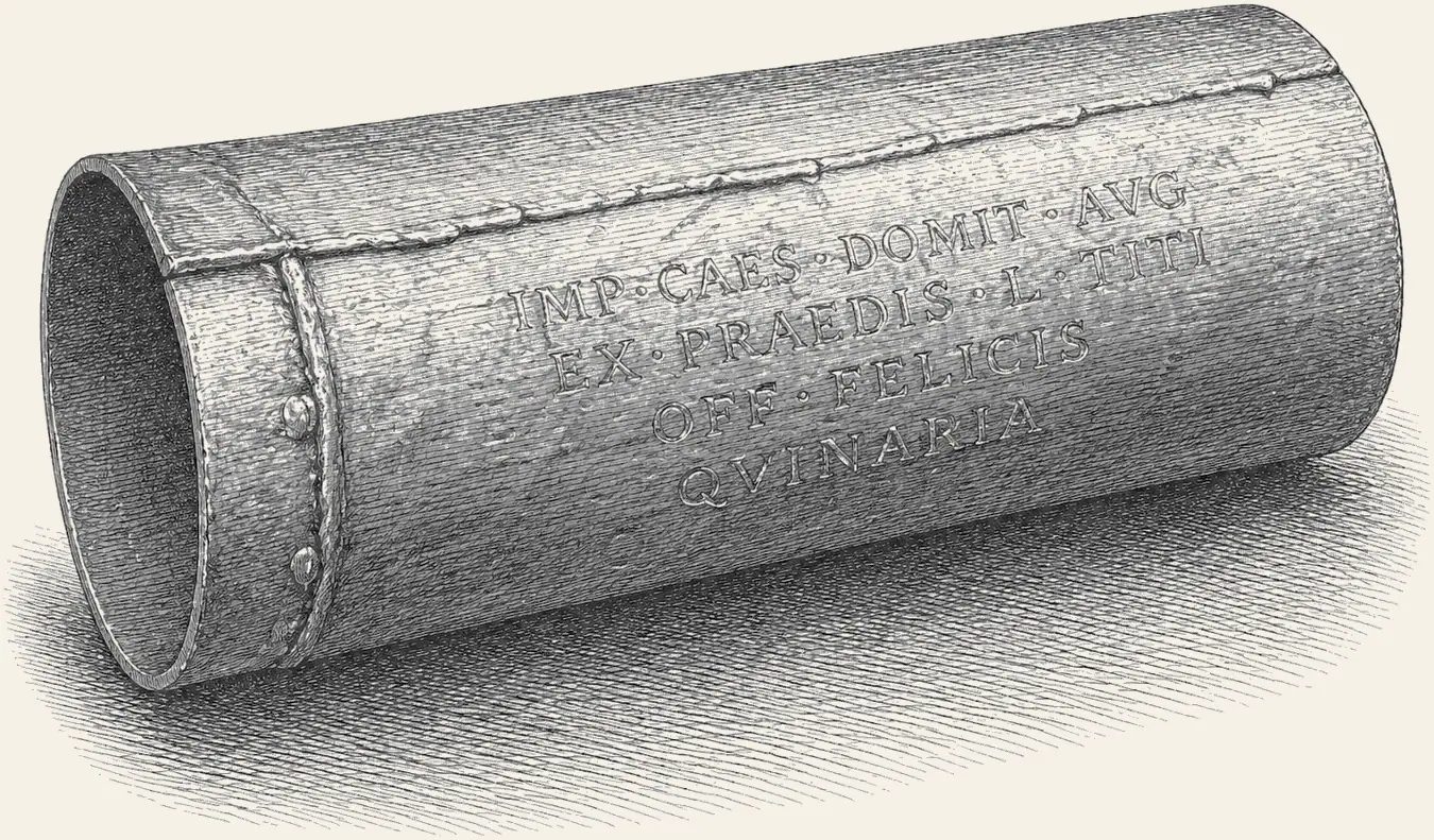 Roman Lead Pipe. A Roman lead water pipe, cast and seamed, with its maker's inscription along the barrel.