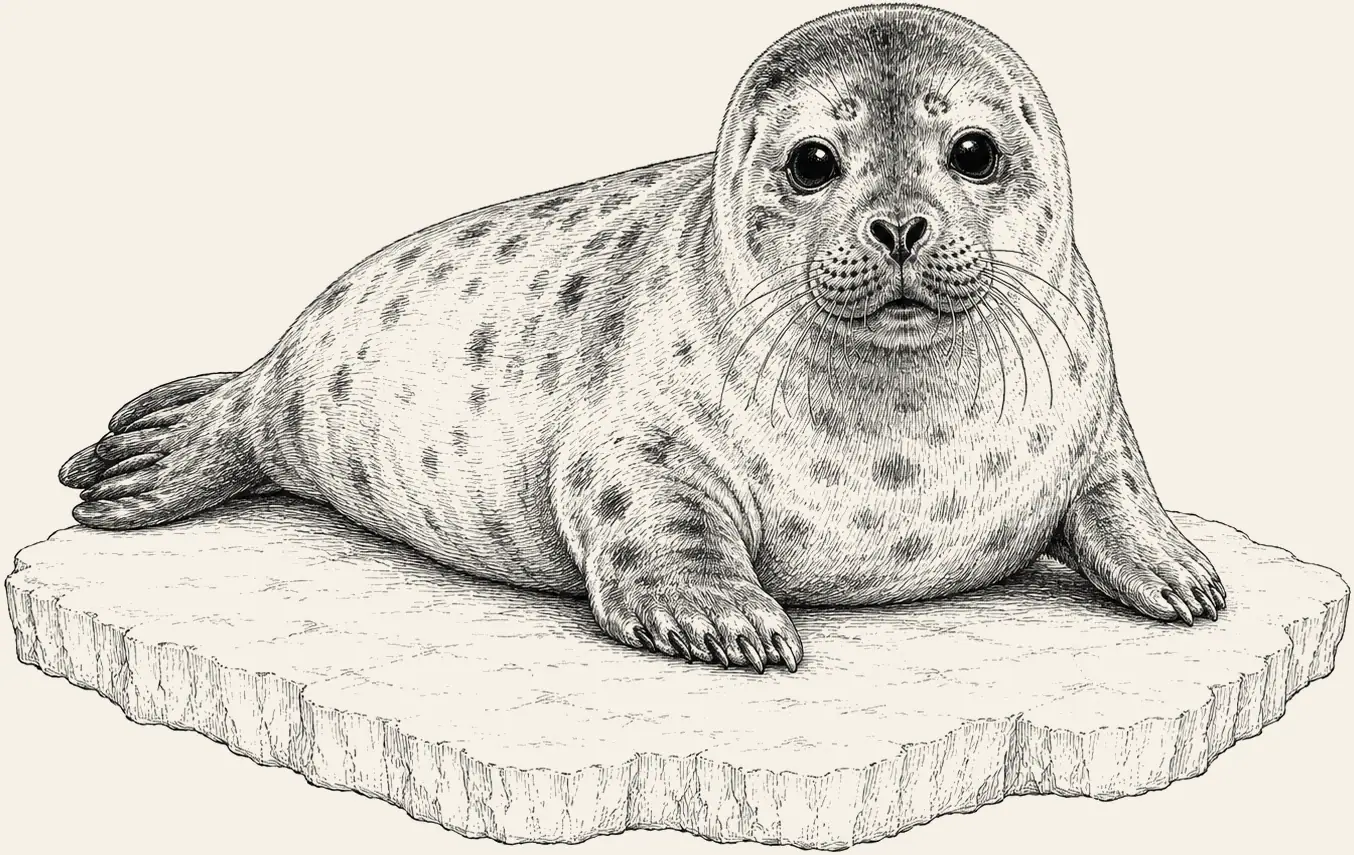 Seal Pup on Ice. A harbor seal pup on the ice, wide-eyed, the rung between the fish and the bear.