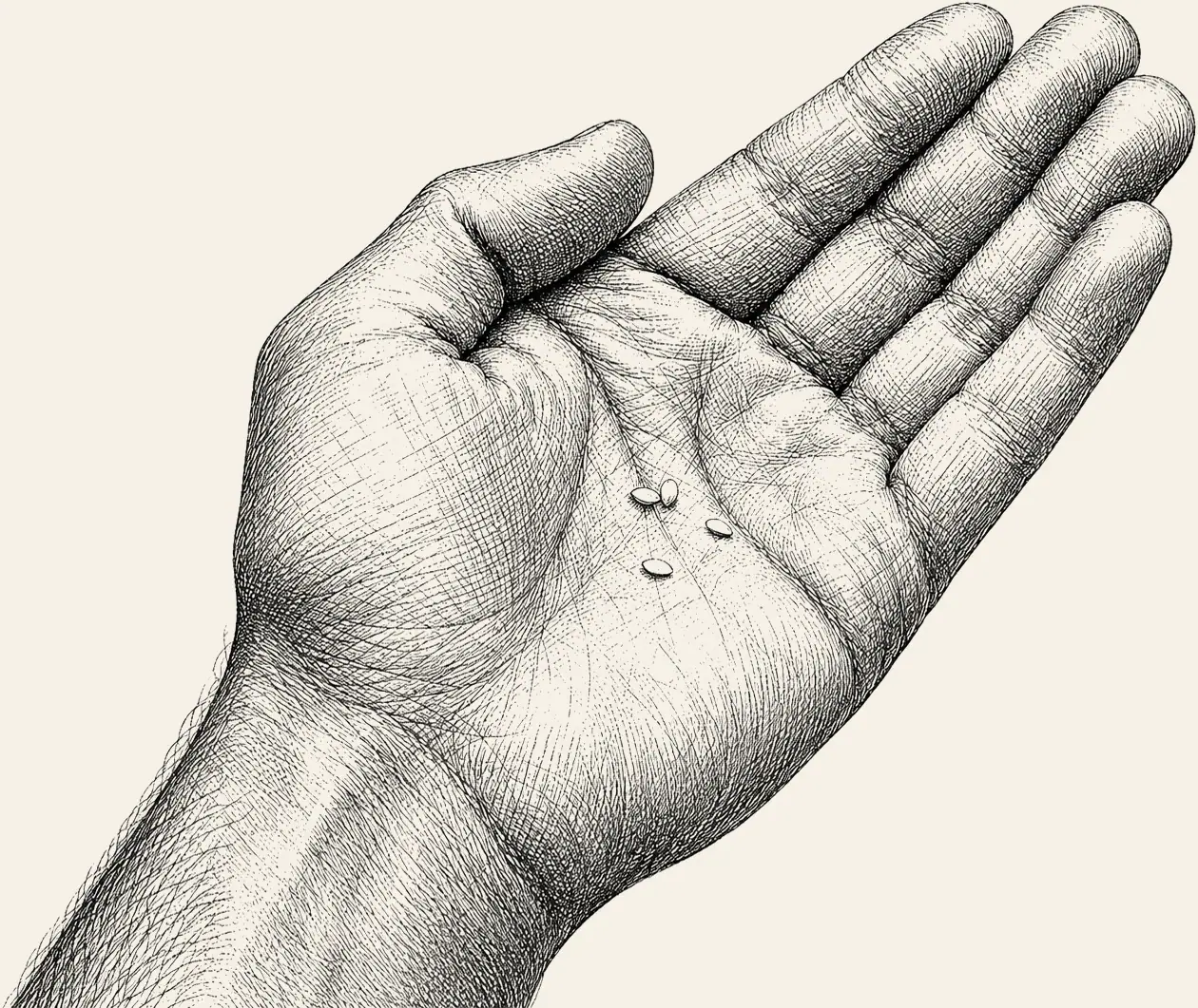 Sesame Seeds in Palm. An open palm with six sesame seeds in it. That is the weight of plastic measured in a pair of human testicles.