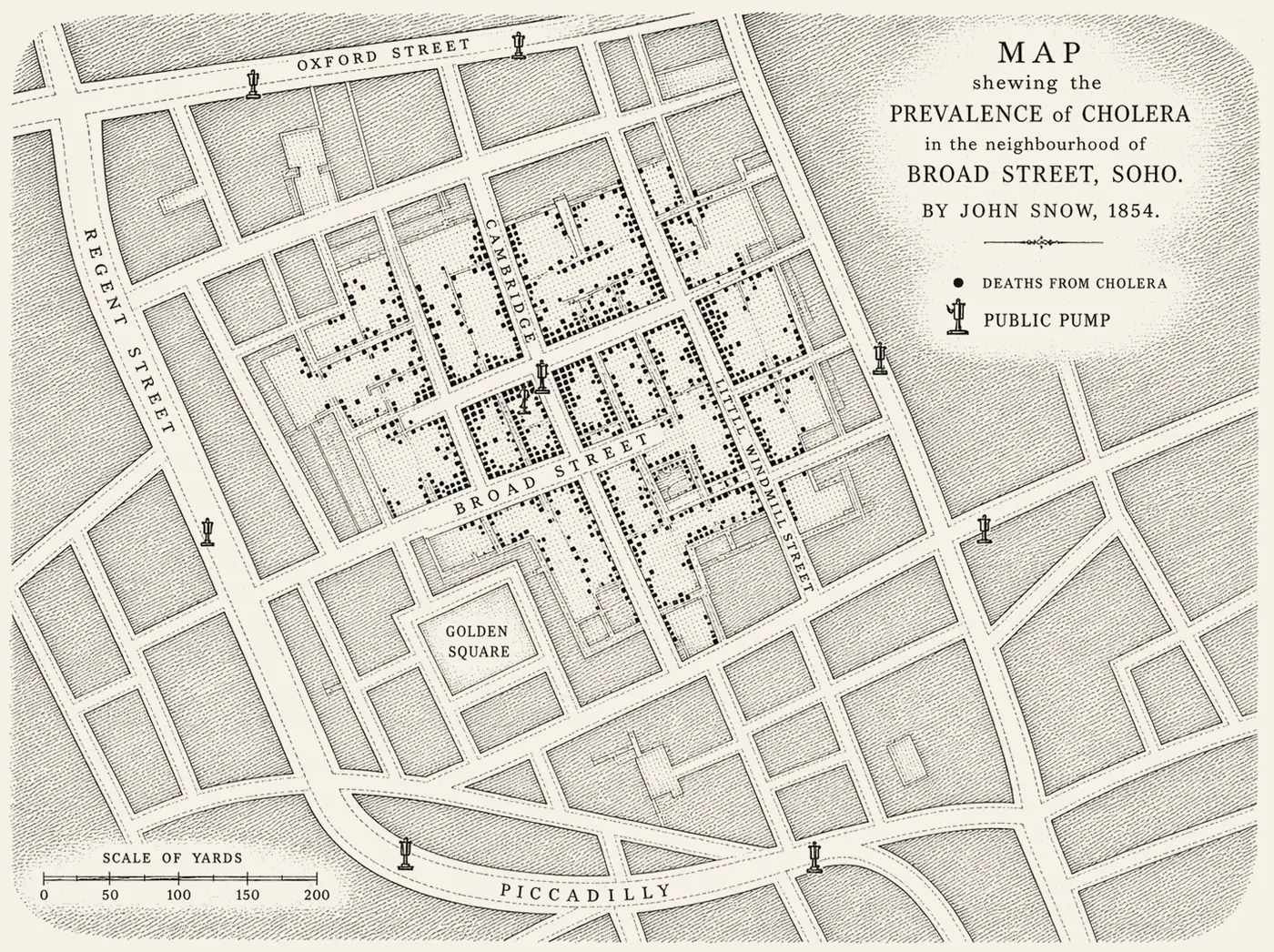 John Snow's Broad Street Map. John Snow's 1854 dot map of the Broad Street deaths.