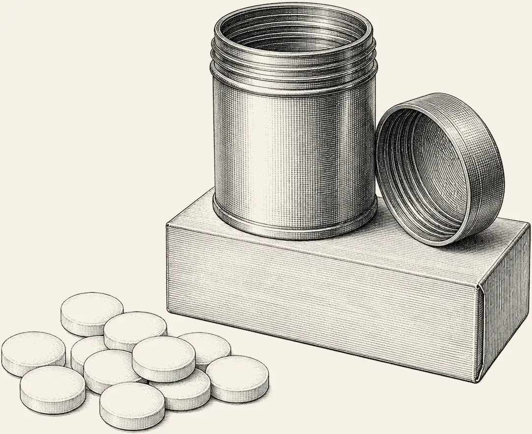 A Thalidomide Tablet, 1960. A tin, its carton and a spill of loose tablets, as thalidomide was sold over the counter in forty-six countries.