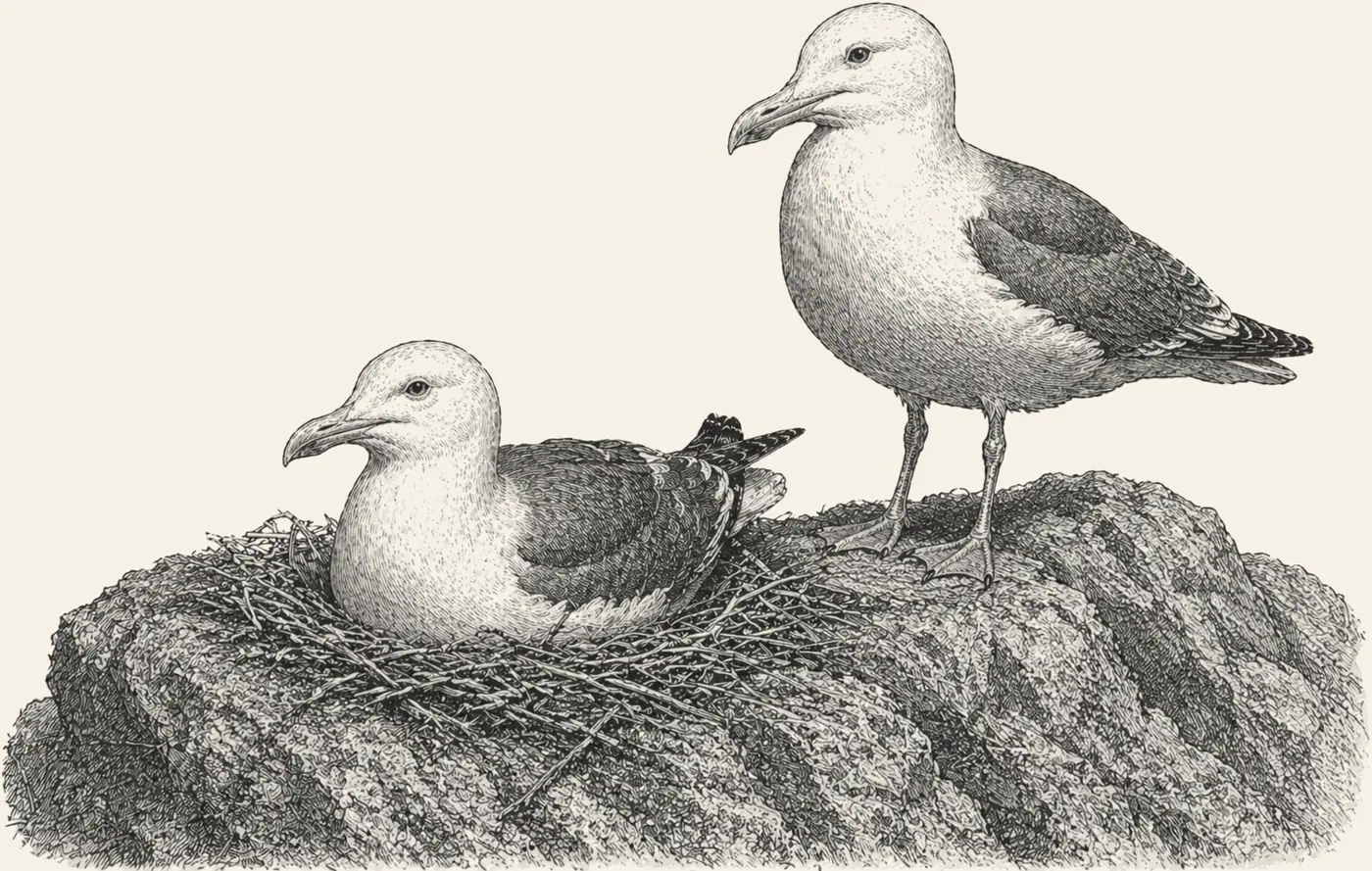 Western Gull Pair. A pair of western gulls at a nest on a sea-stack rock, wings settled, the crowded clutch of eggs below them.