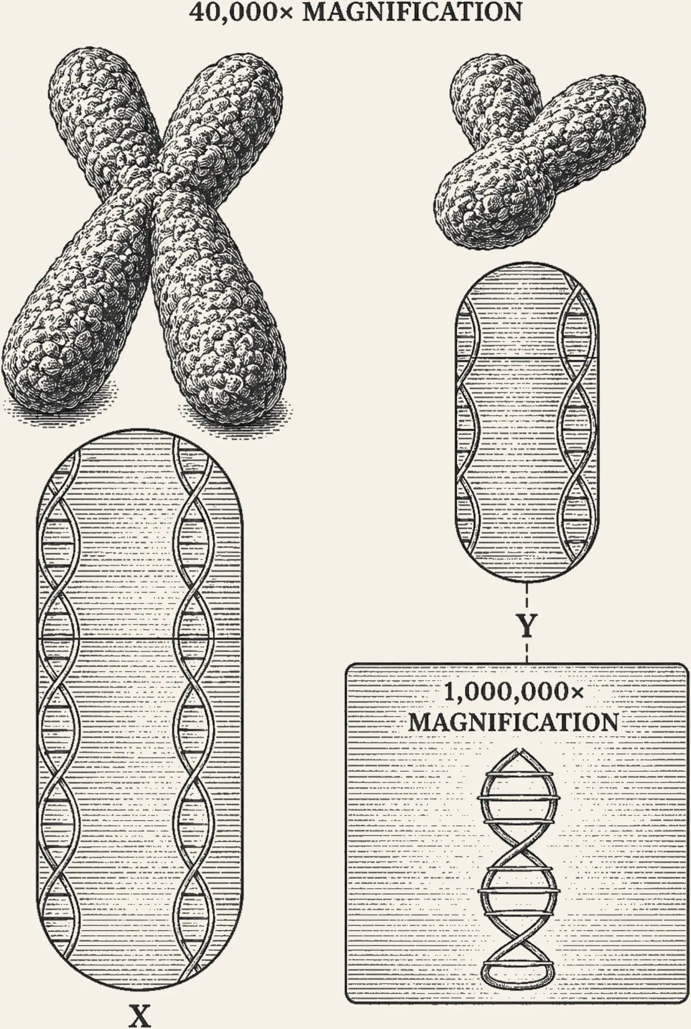 The X and Y Chromosomes. X and Y at forty thousand times magnification, the two chromosomes side by side and visibly unequal in size, with a strand of DNA drawn beside them at a million times.